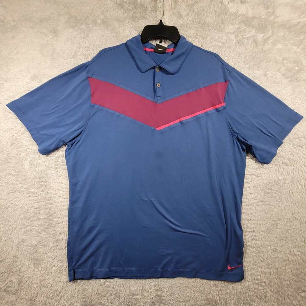 Nike Golf Dri Fit Polo Shirt Mens XL Blue Red Chevron Short Sleeve